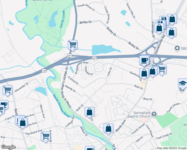 map of restaurants, bars, coffee shops, grocery stores, and more near 272 Katydid Drive in Athens