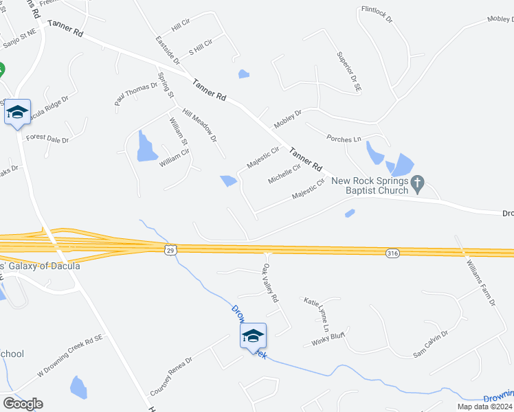 map of restaurants, bars, coffee shops, grocery stores, and more near 2659 Majestic Circle in Dacula