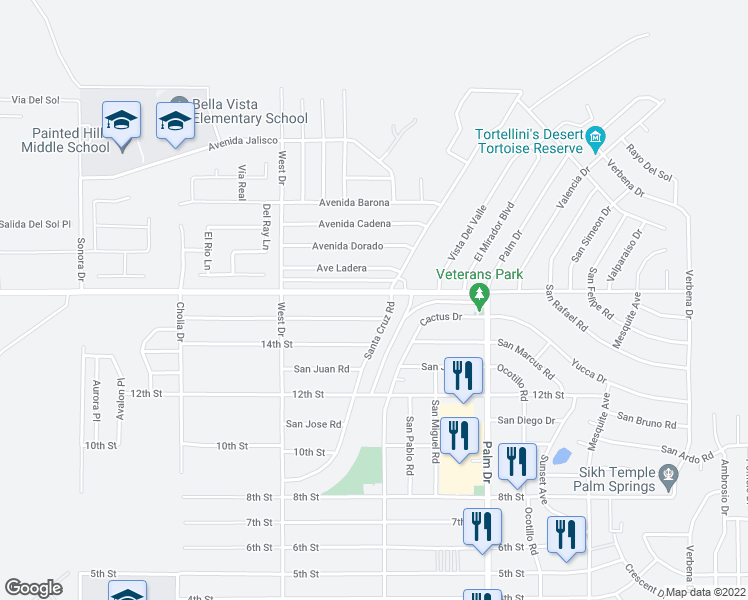map of restaurants, bars, coffee shops, grocery stores, and more near 66227 Mission Lakes Boulevard in Desert Hot Springs