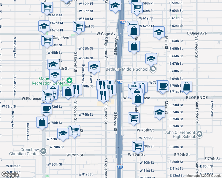 map of restaurants, bars, coffee shops, grocery stores, and more near 443 West 71st Street in Los Angeles