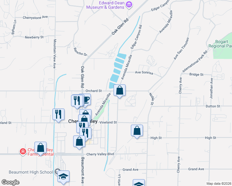map of restaurants, bars, coffee shops, grocery stores, and more near 10001 Live Oak Avenue in Cherry Valley