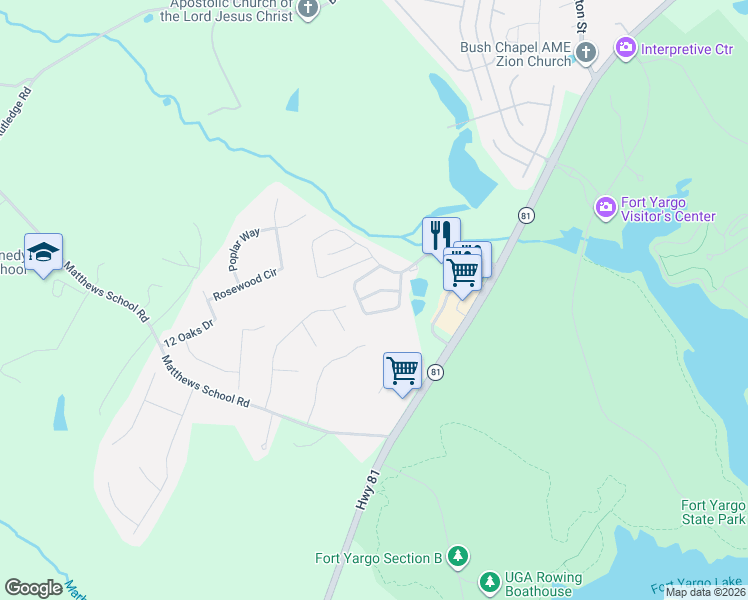 map of restaurants, bars, coffee shops, grocery stores, and more near 1543 Box Circle in Winder