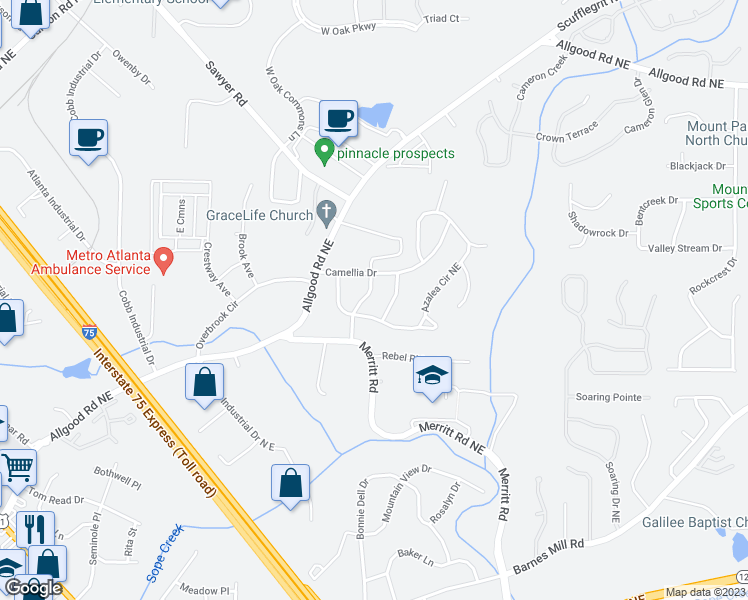 map of restaurants, bars, coffee shops, grocery stores, and more near 1020 Pine Valley Drive Northeast in Marietta