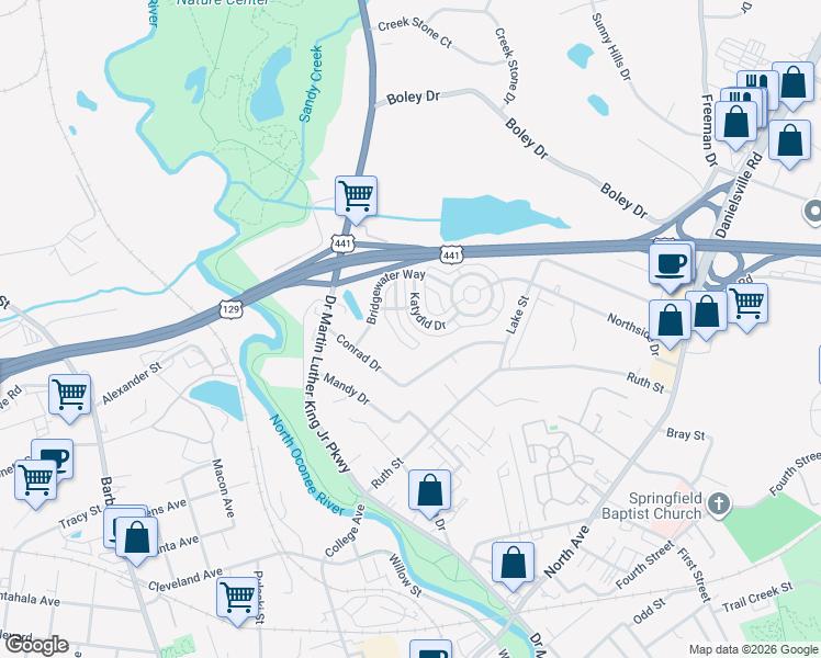 map of restaurants, bars, coffee shops, grocery stores, and more near 143 Fern Ridge Court in Athens