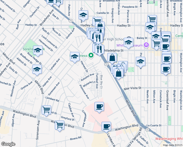 map of restaurants, bars, coffee shops, grocery stores, and more near 12266 Starling Lane in Whittier