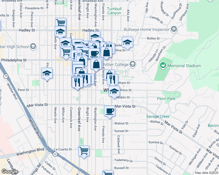 map of restaurants, bars, coffee shops, grocery stores, and more near 7251 Painter Avenue in Whittier