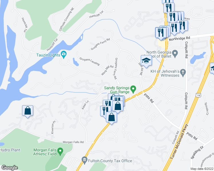 map of restaurants, bars, coffee shops, grocery stores, and more near 205 Barrington Hills Drive in Atlanta