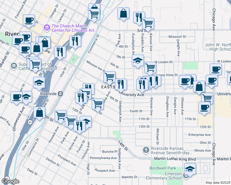 map of restaurants, bars, coffee shops, grocery stores, and more near 2586 University Avenue in Riverside