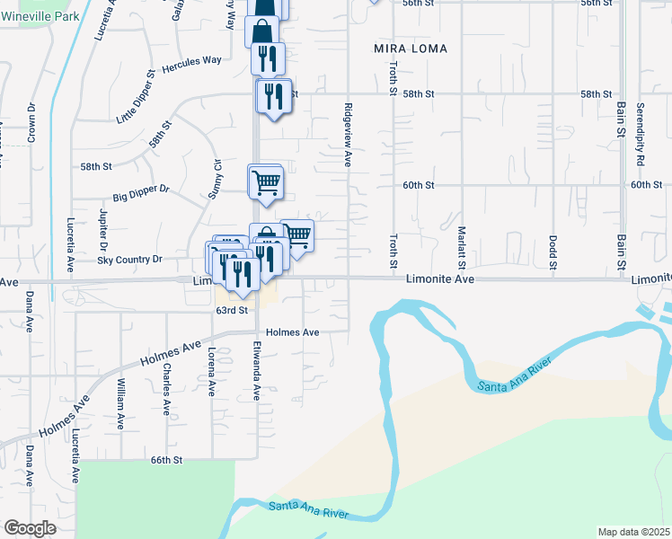 map of restaurants, bars, coffee shops, grocery stores, and more near 6109 Ridgeview Avenue in Jurupa Valley