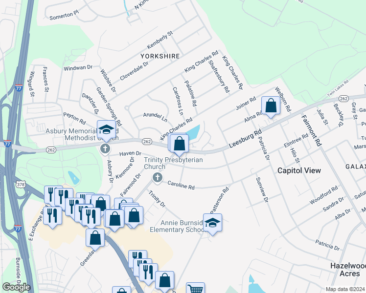 map of restaurants, bars, coffee shops, grocery stores, and more near 126 Village Walk in Columbia