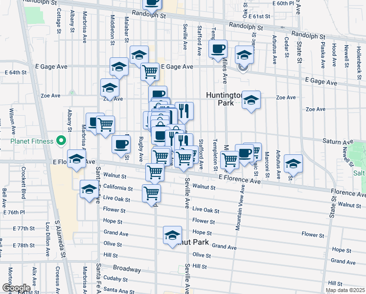 map of restaurants, bars, coffee shops, grocery stores, and more near 6913 Seville Avenue in Huntington Park