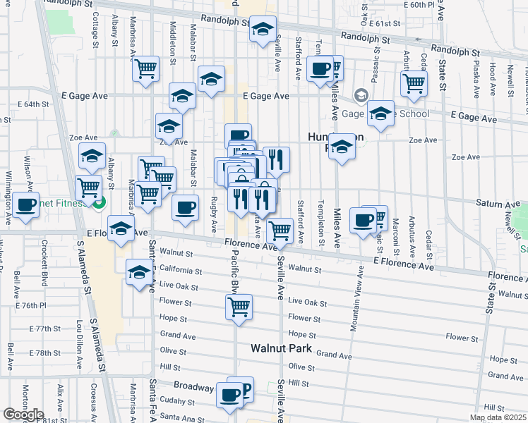 map of restaurants, bars, coffee shops, grocery stores, and more near 7018 Rita Avenue in Huntington Park