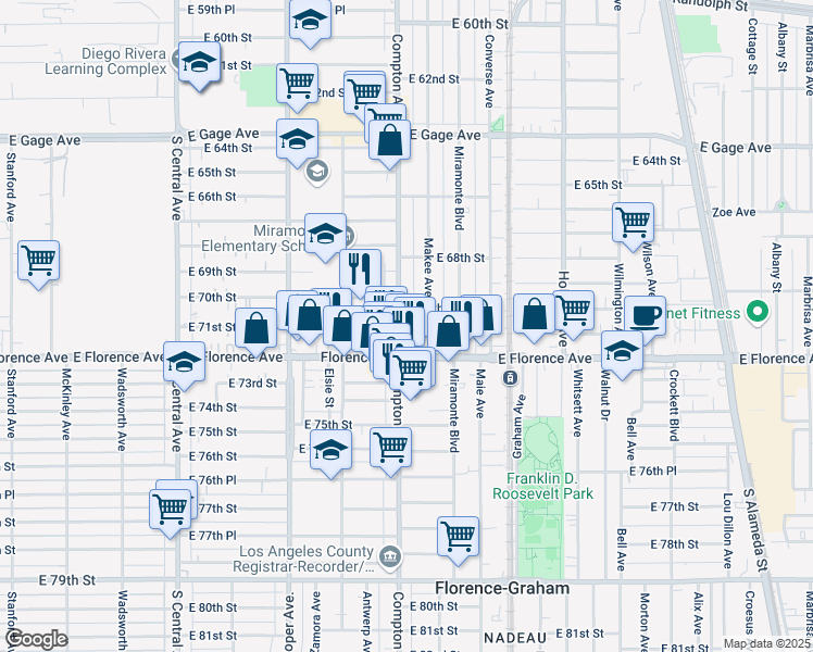 map of restaurants, bars, coffee shops, grocery stores, and more near 7104 Compton Avenue in Los Angeles