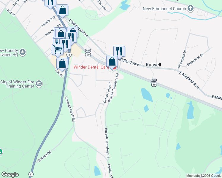 map of restaurants, bars, coffee shops, grocery stores, and more near 208 Oceanliner Drive in Winder