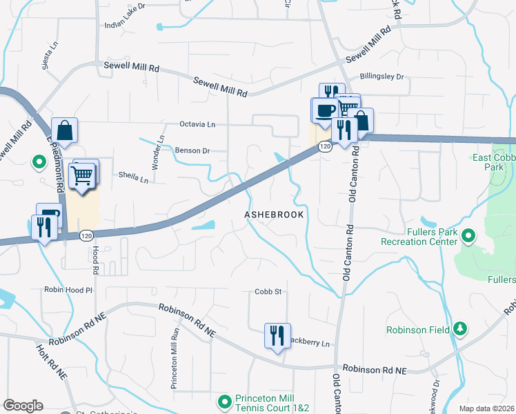 map of restaurants, bars, coffee shops, grocery stores, and more near 2907 Ashebrooke Drive Northeast in Marietta