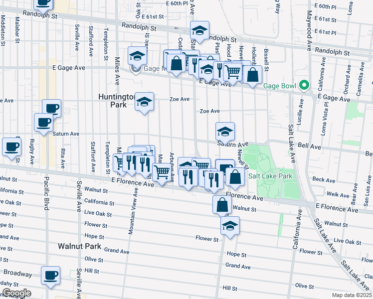 map of restaurants, bars, coffee shops, grocery stores, and more near 6926 Cedar Street in Huntington Park