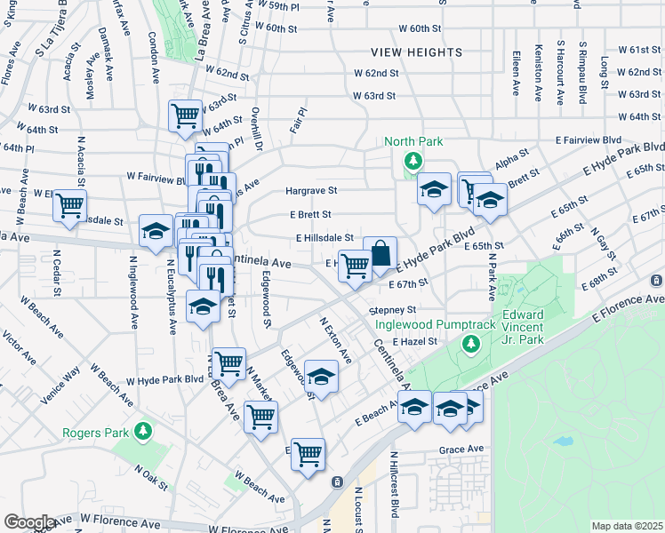 map of restaurants, bars, coffee shops, grocery stores, and more near 530 East Hillsdale Street in Inglewood