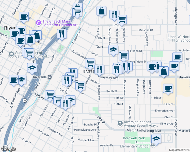 map of restaurants, bars, coffee shops, grocery stores, and more near 3757 Comer Avenue in Riverside