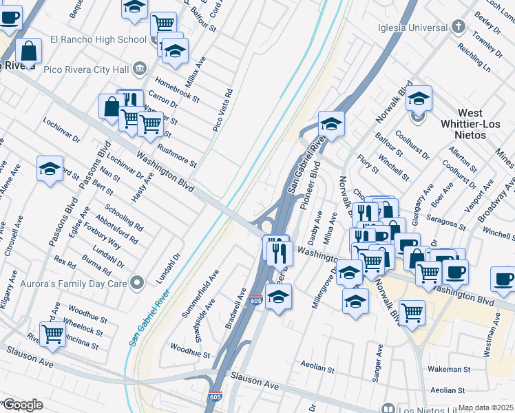 map of restaurants, bars, coffee shops, grocery stores, and more near 7739 Bradwell Avenue in Whittier