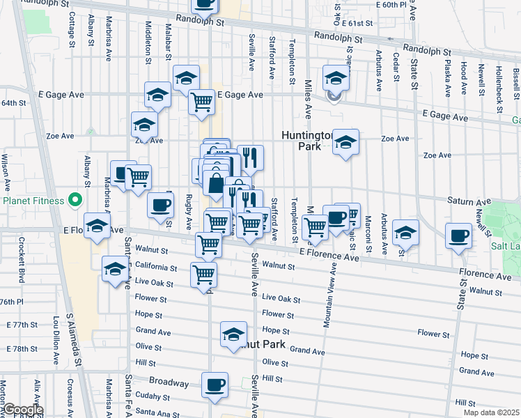 map of restaurants, bars, coffee shops, grocery stores, and more near 6913 Seville Avenue in Huntington Park