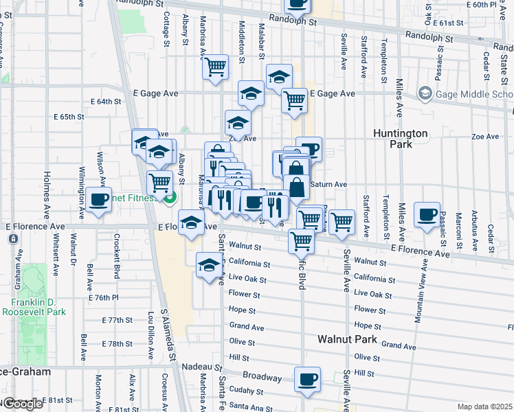 map of restaurants, bars, coffee shops, grocery stores, and more near 6908 Middleton Street in Huntington Park