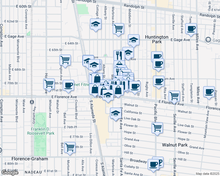 map of restaurants, bars, coffee shops, grocery stores, and more near 6918 Marbrisa Avenue in Huntington Park