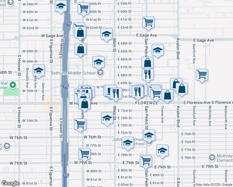 map of restaurants, bars, coffee shops, grocery stores, and more near 6912 South Main Street in Los Angeles