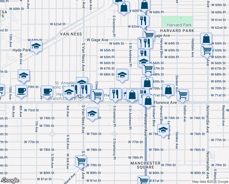 map of restaurants, bars, coffee shops, grocery stores, and more near 2017 West 70th Street in Los Angeles