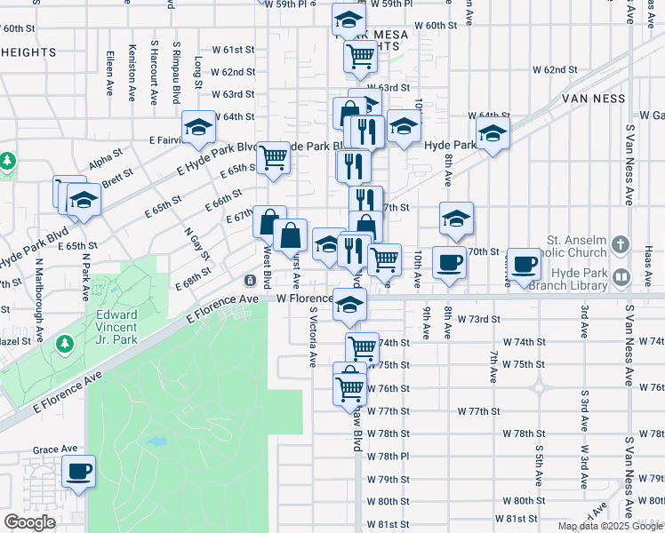 map of restaurants, bars, coffee shops, grocery stores, and more near 6808 South Victoria Avenue in Los Angeles