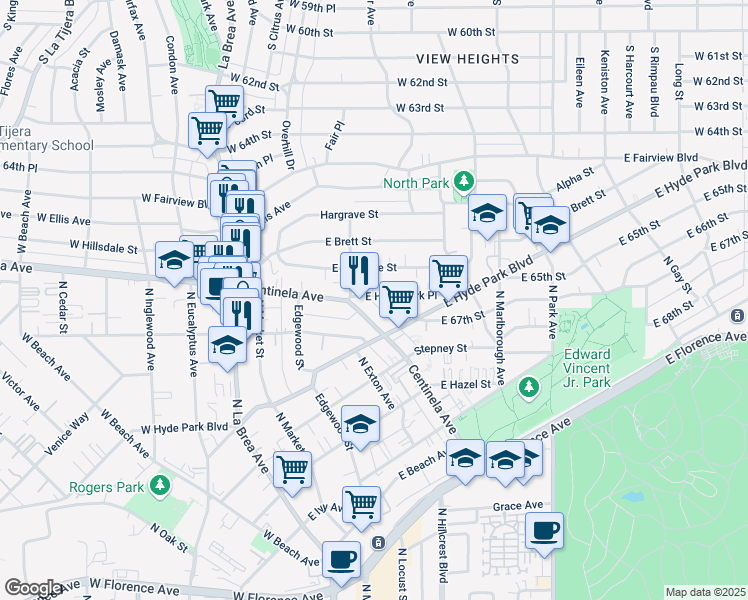 map of restaurants, bars, coffee shops, grocery stores, and more near 530 East Hillsdale Street in Inglewood