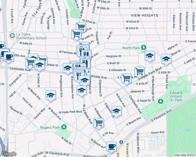 map of restaurants, bars, coffee shops, grocery stores, and more near 928 Centinela Avenue in Inglewood