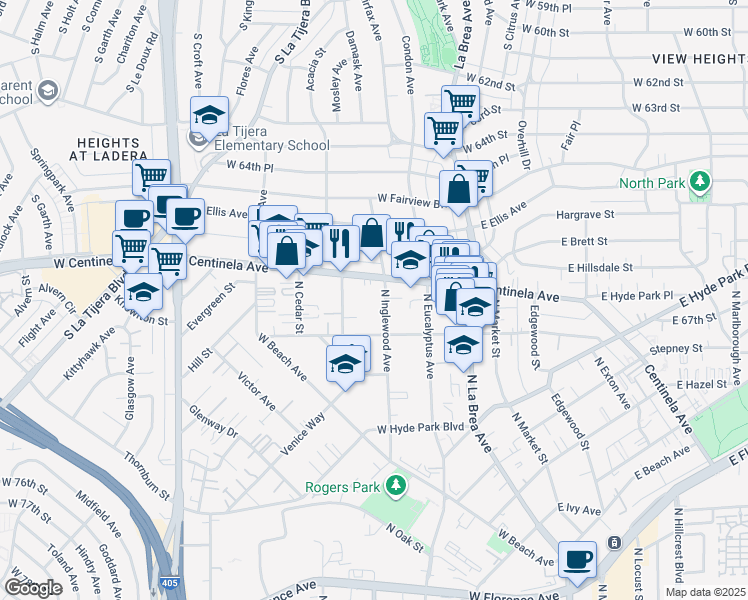 map of restaurants, bars, coffee shops, grocery stores, and more near 1319 Centinela Avenue in Inglewood