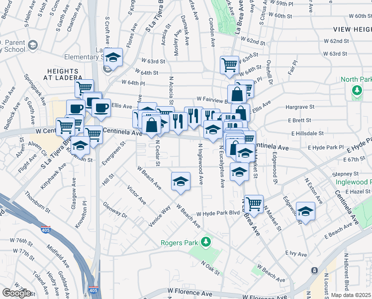 map of restaurants, bars, coffee shops, grocery stores, and more near 1319 Centinela Avenue in Inglewood