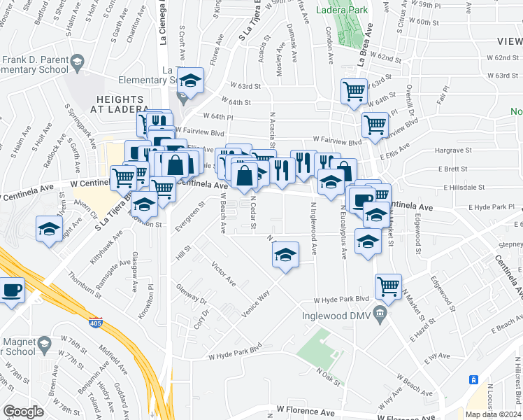 map of restaurants, bars, coffee shops, grocery stores, and more near 953 North Cedar Street in Inglewood