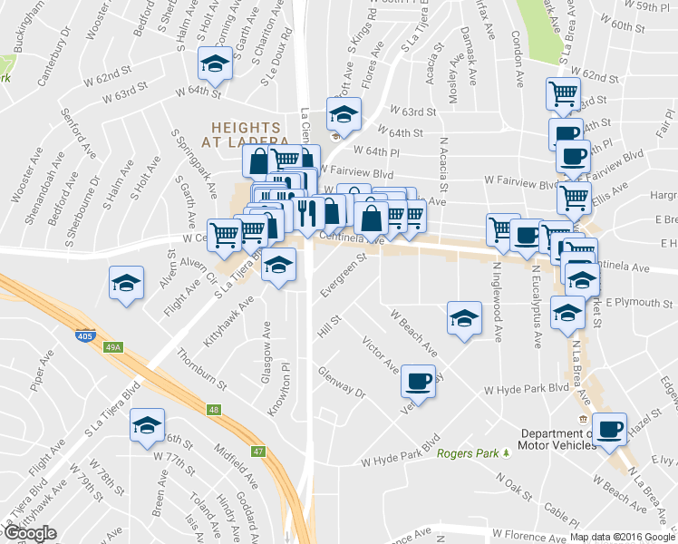 map of restaurants, bars, coffee shops, grocery stores, and more near 525 Short Street in Inglewood