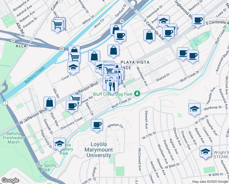 map of restaurants, bars, coffee shops, grocery stores, and more near 12746 West Jefferson Boulevard in Los Angeles