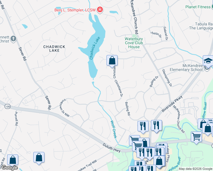 map of restaurants, bars, coffee shops, grocery stores, and more near 1128 Christiana Crossing in Lawrenceville