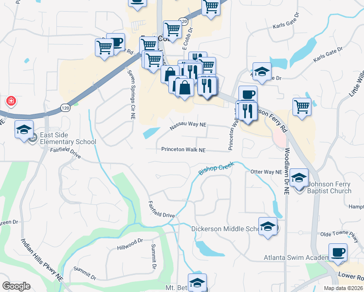 map of restaurants, bars, coffee shops, grocery stores, and more near 1057 Princeton Walk Northeast in Marietta