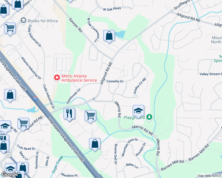 map of restaurants, bars, coffee shops, grocery stores, and more near 103 Camellia Drive in Marietta