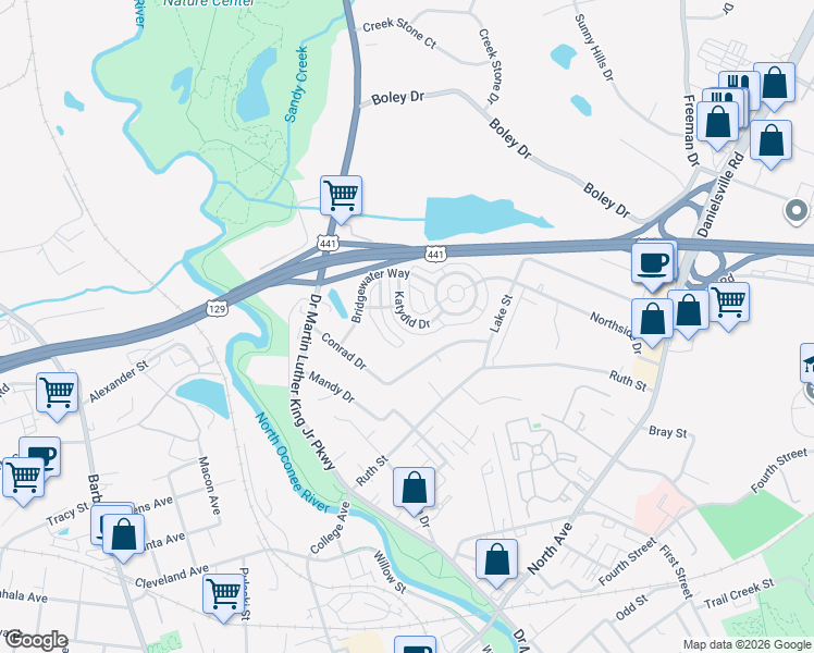 map of restaurants, bars, coffee shops, grocery stores, and more near 230 Bridgewater Circle in Athens