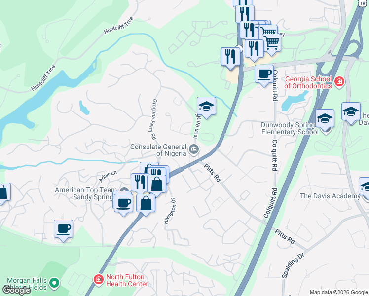 map of restaurants, bars, coffee shops, grocery stores, and more near 430 Brantley Road in Atlanta