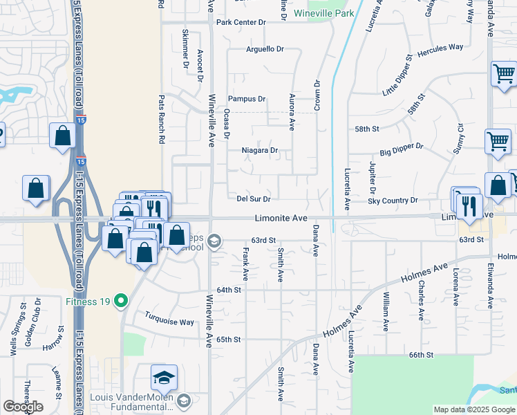 map of restaurants, bars, coffee shops, grocery stores, and more near 11686 Del Sur Drive in Jurupa Valley