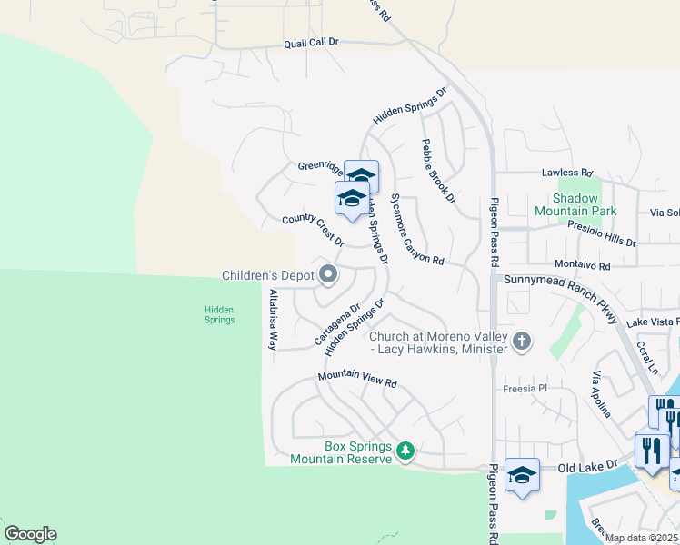 map of restaurants, bars, coffee shops, grocery stores, and more near 22599 Moralia Drive in Moreno Valley