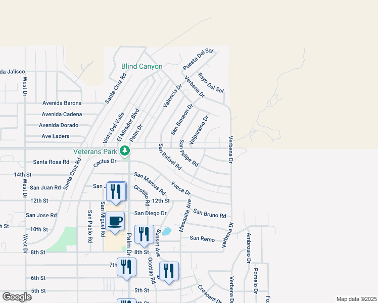 map of restaurants, bars, coffee shops, grocery stores, and more near 9926 Valparaiso Drive in Desert Hot Springs