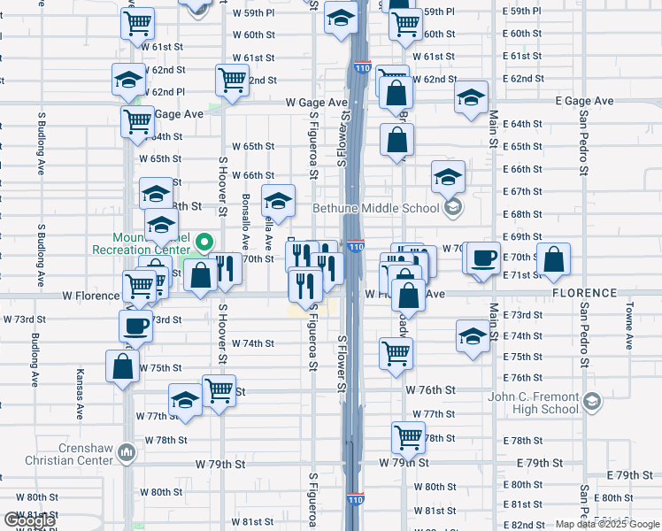 map of restaurants, bars, coffee shops, grocery stores, and more near 439 West 71st Street in Los Angeles