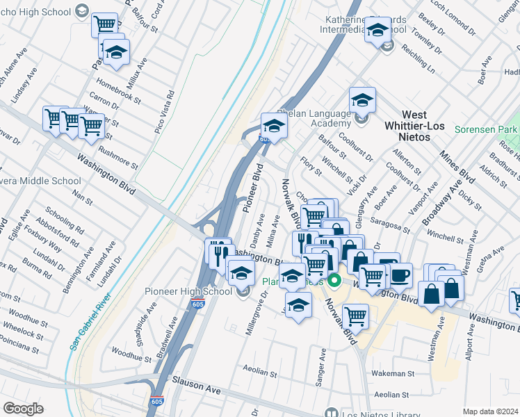 map of restaurants, bars, coffee shops, grocery stores, and more near 7715 Danby Avenue in Whittier