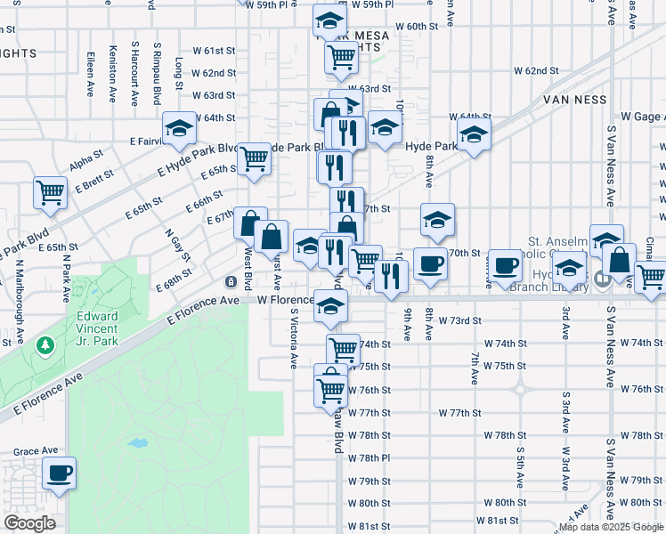 map of restaurants, bars, coffee shops, grocery stores, and more near 6812 Crenshaw Boulevard in Los Angeles