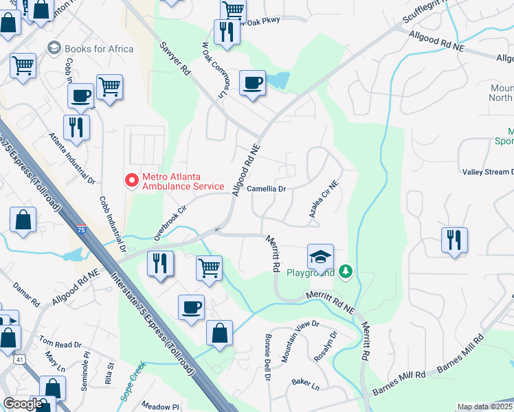 map of restaurants, bars, coffee shops, grocery stores, and more near 103 Camellia Drive in Marietta