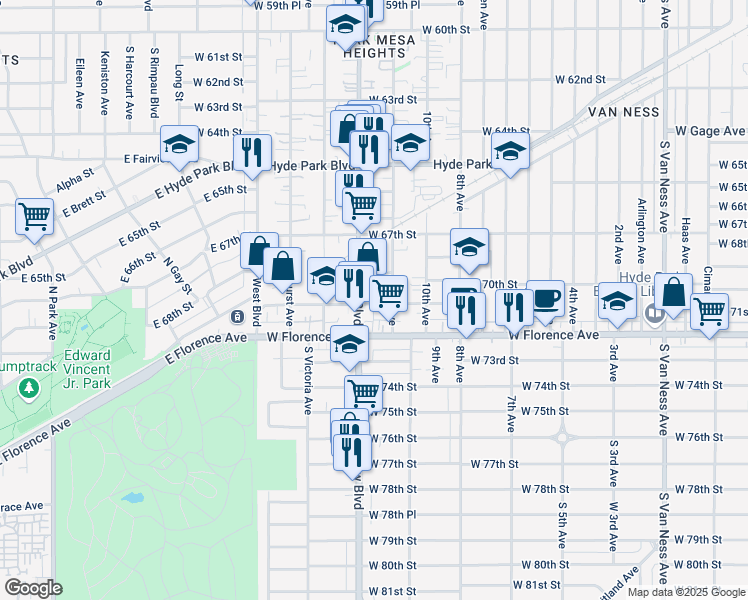 map of restaurants, bars, coffee shops, grocery stores, and more near 6812 Crenshaw Boulevard in Los Angeles