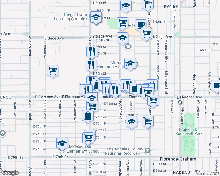 map of restaurants, bars, coffee shops, grocery stores, and more near 1204 East 70th Street in Los Angeles